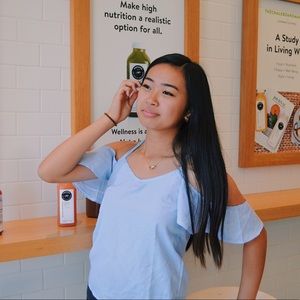 blue striped cold shoulder top